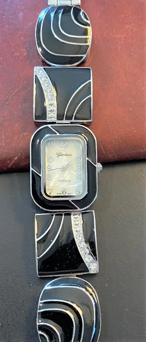 Women's 23mm Silver Tone with Black Enamel and Crystal Accents